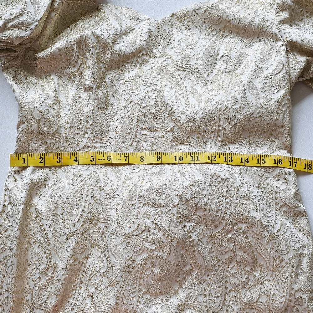 Vintage 80s Handmade Gold Brocade Cocktail Dress Puff Sleeve Statement Bow Back - Picture 15 of 16